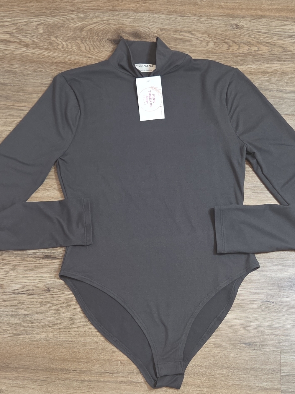 Zenana Outfitters Charcoal Mock Neck Long Sleeve Bodysuit Top Size L